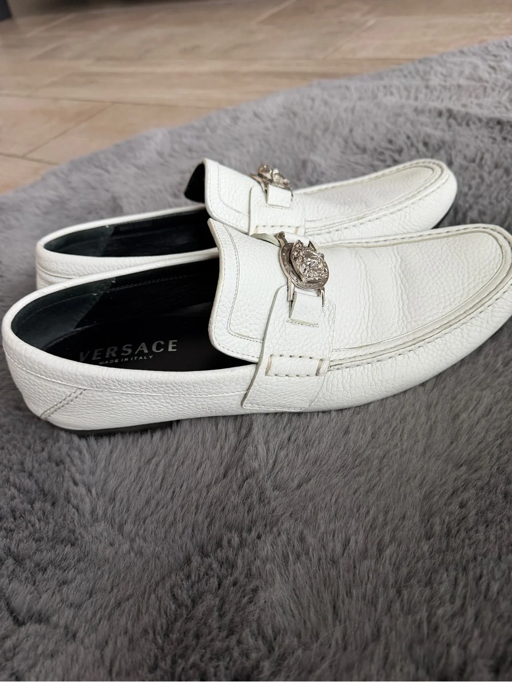 Versace Medusa White Pebbled Leather Slip-On Loafers Men’s US 10.5 EU 43.5